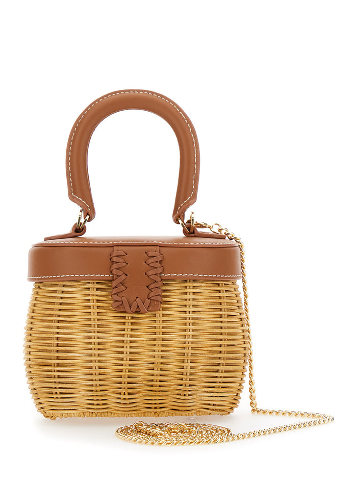 Rattan Bow Basket Brown Handbag With Chain-Link Shoulder Strap And Detail Raffia Leather Woman Hand Bags