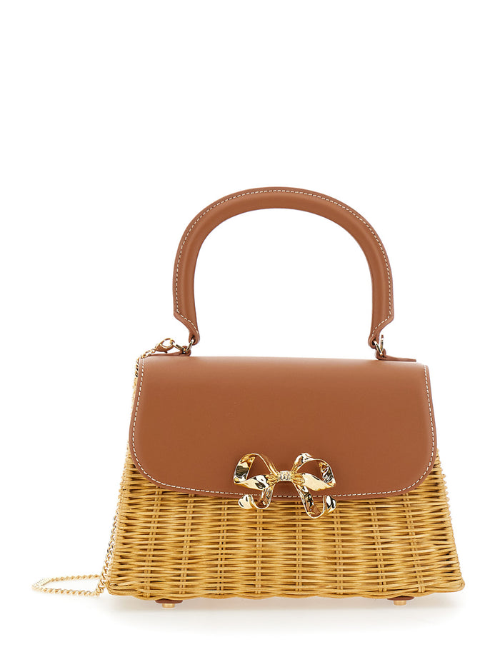 Rattan Mini Bow Brown Handbag With Chain-Link Shoulder Strap And Detail Raffia Leather Woman Hand Bags