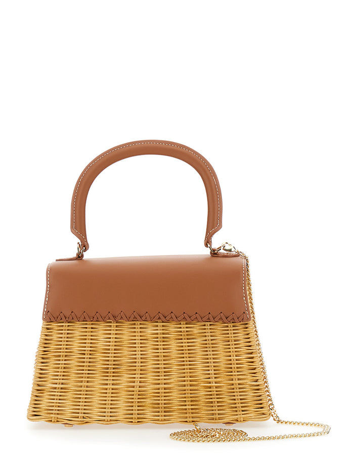 Rattan Mini Bow Brown Handbag With Chain-Link Shoulder Strap And Detail Raffia Leather Woman Hand Bags