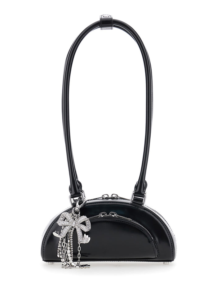 Black Shoulder Bag With Two Top Handles And Charm Detail On The Front Patent Leather Woman