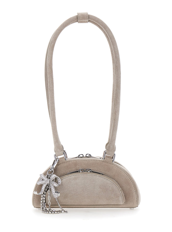 Grey Shoulder Bag With Two Top Handles And Charm Detail On The Front Suede Woman Leather