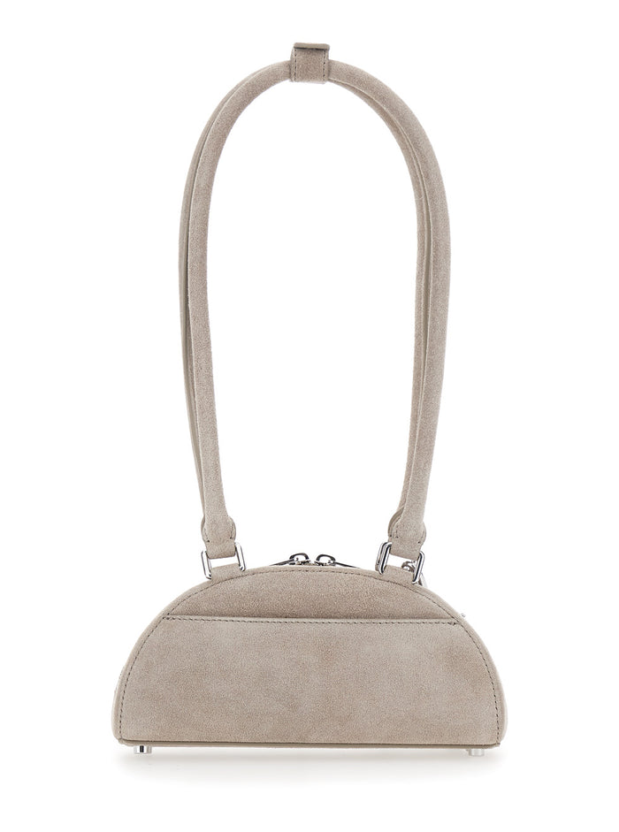 Grey Shoulder Bag With Two Top Handles And Charm Detail On The Front Suede Woman Leather