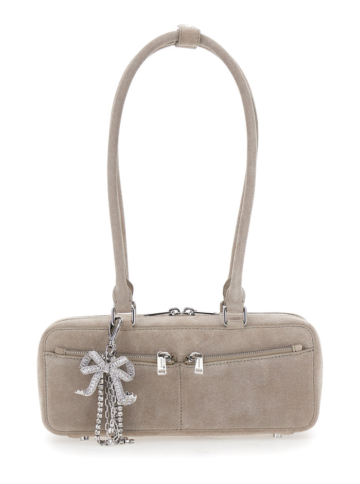 Grey Shoulder Bag With Two Top Handles And Charm Detail On The Front Suede Woman Leather
