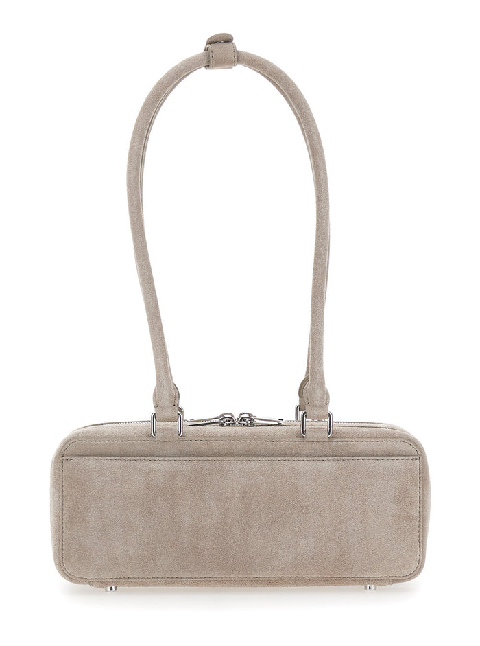 Grey Shoulder Bag With Two Top Handles And Charm Detail On The Front Suede Woman Leather
