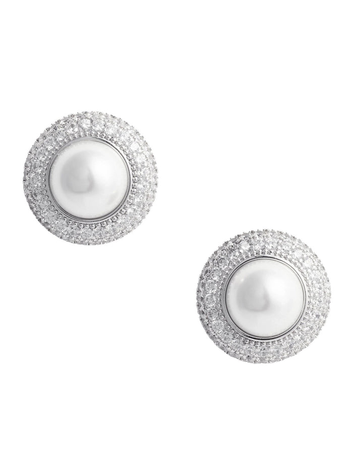 White Stud Earings With Crystal Embellishments Brass Woman Earrings