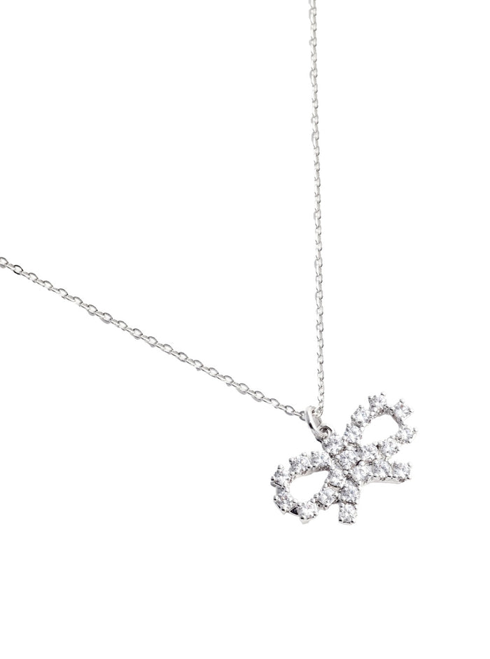 Metallic Necklace With Crystal Embellishments And Bow Charm Brass Woman Necklaces