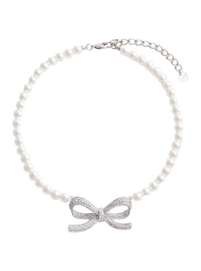 Metallic Faux-Pearls Necklace With Crystal Embellishments And Bow Charm Brass Woman White Necklaces