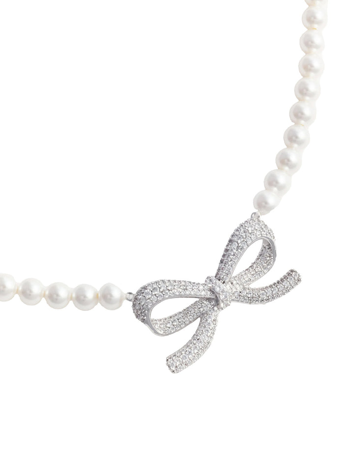 Metallic Faux-Pearls Necklace With Crystal Embellishments And Bow Charm Brass Woman White Necklaces
