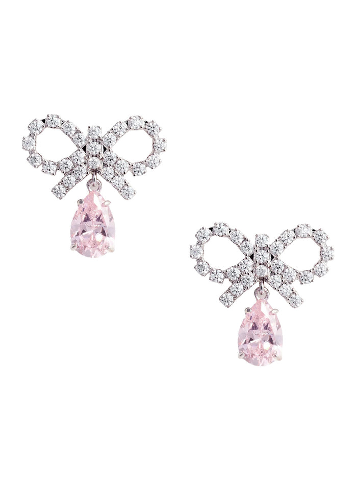 Pink Earings With Bow Charm And Pendent Droplet Detail Brass Blend Woman Earrings