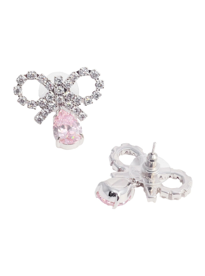 Pink Earings With Bow Charm And Pendent Droplet Detail Brass Blend Woman Earrings