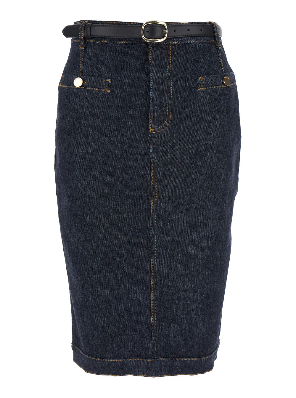 Blue Midi Skirt With Leather Belt And Rear Single Slit Denim Woman Blu