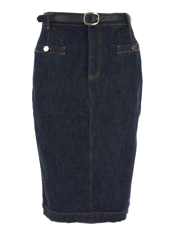 Blue Midi Skirt With Leather Belt And Rear Single Slit Denim Woman Blu