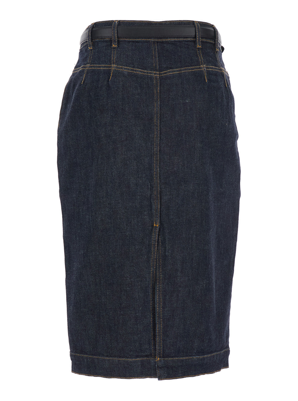 Blue Midi Skirt With Leather Belt And Rear Single Slit Denim Woman Blu
