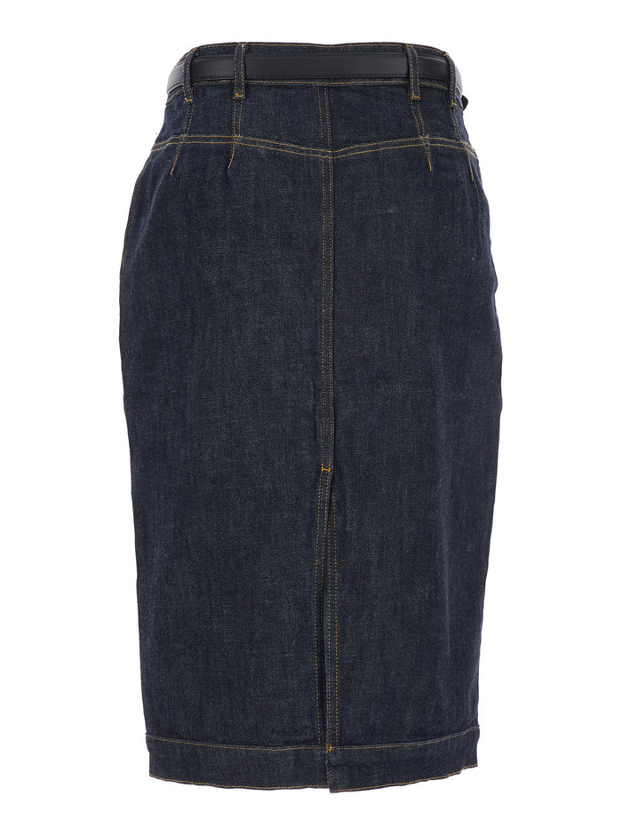 Blue Midi Skirt With Leather Belt And Rear Single Slit Denim Woman Blu