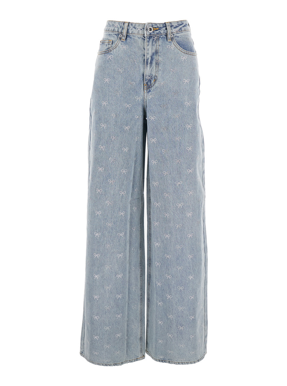 Blue Jeans With Logo Patch On The Rear And All-Over Crystal Bows Embellishment Denim Woman Blu