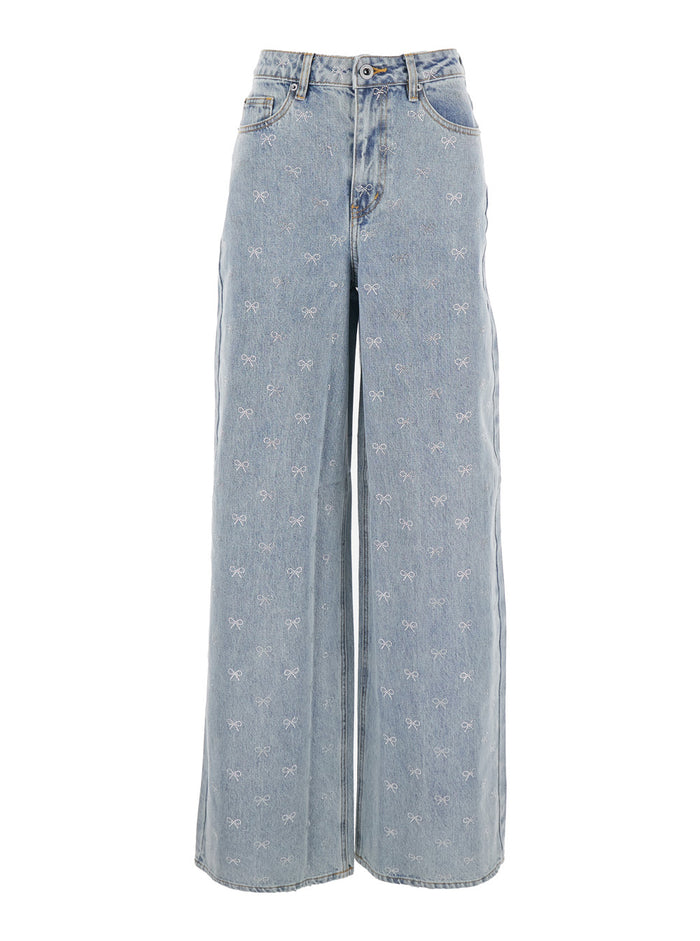 Blue Jeans With Logo Patch On The Rear And All-Over Crystal Bows Embellishment Denim Woman Blu