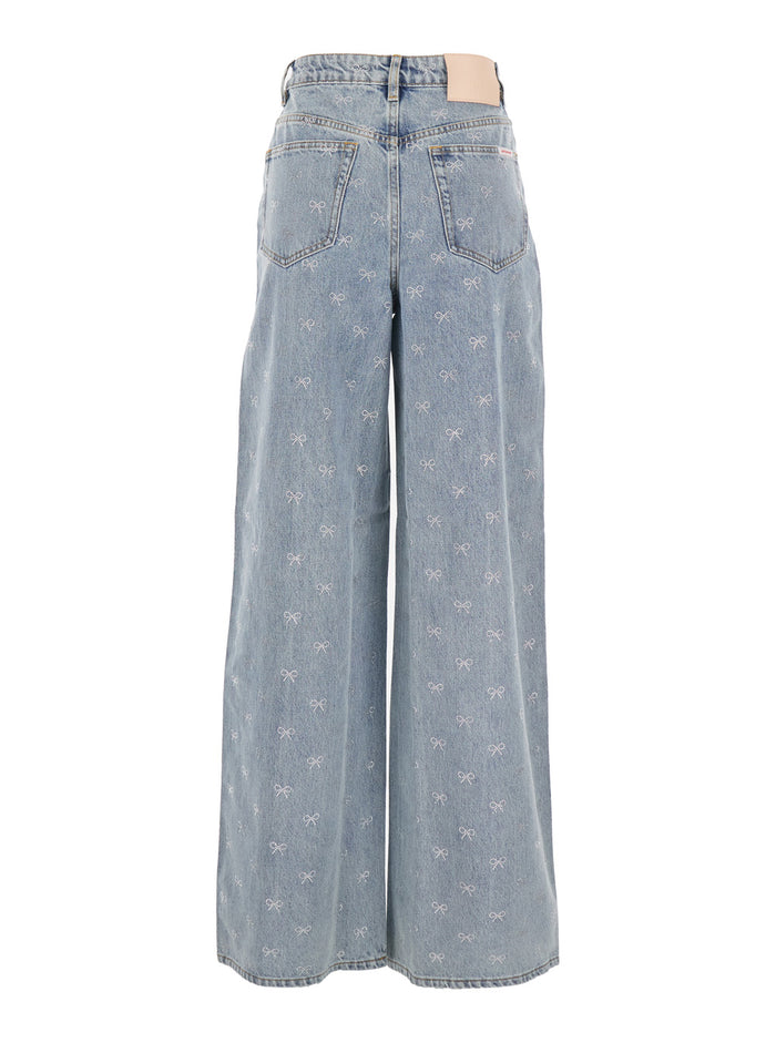 Blue Jeans With Logo Patch On The Rear And All-Over Crystal Bows Embellishment Denim Woman Blu
