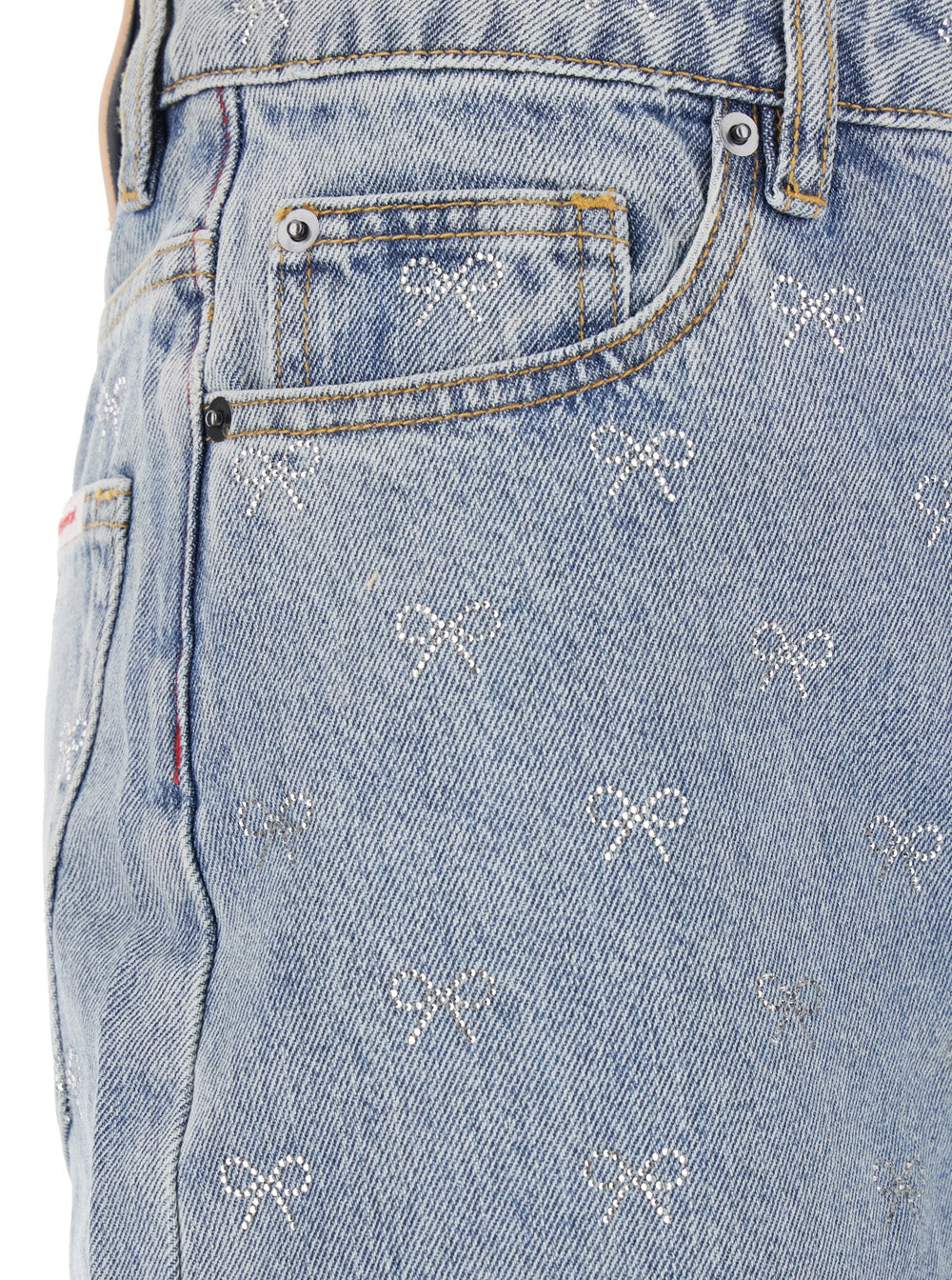 Blue Jeans With Logo Patch On The Rear And All-Over Crystal Bows Embellishment Denim Woman Blu