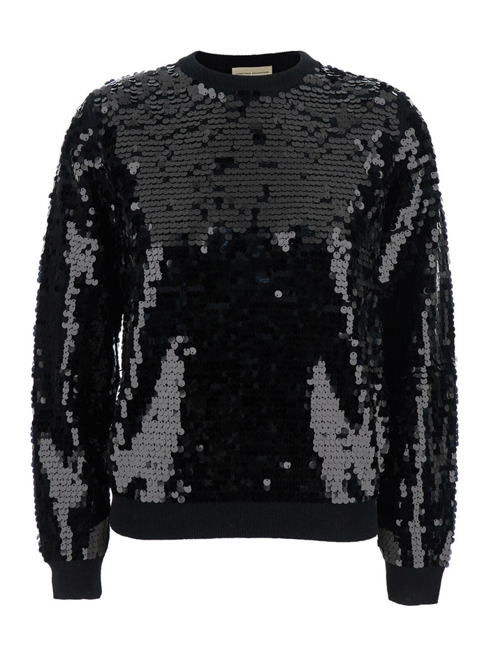Black Sweater with All-Over Sequins in Wool Woman Virgin Cashmere Jersey