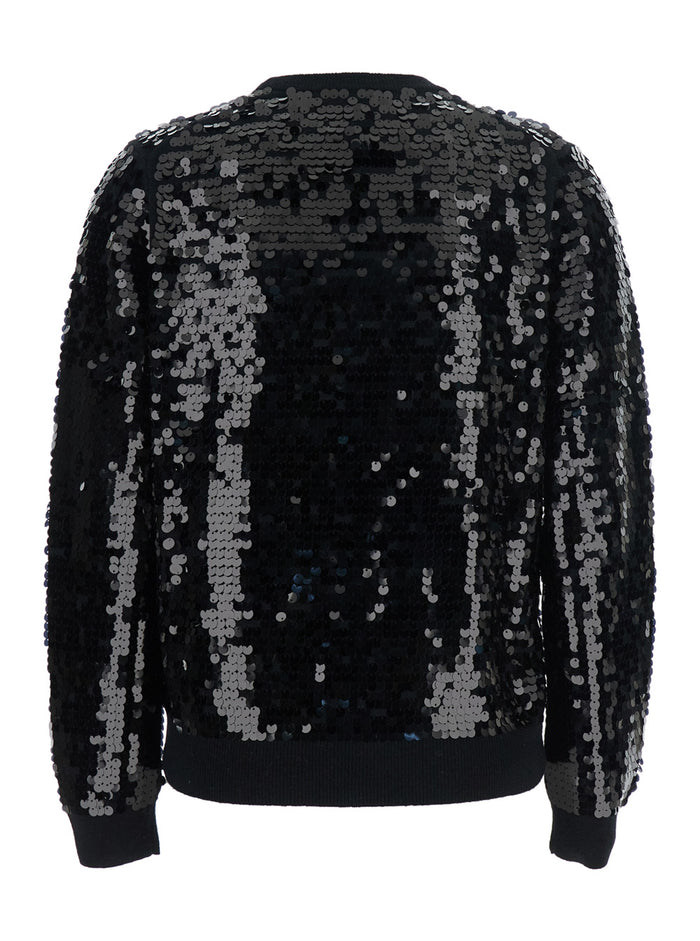 Black Sweater with All-Over Sequins in Wool Woman Virgin Cashmere Jersey