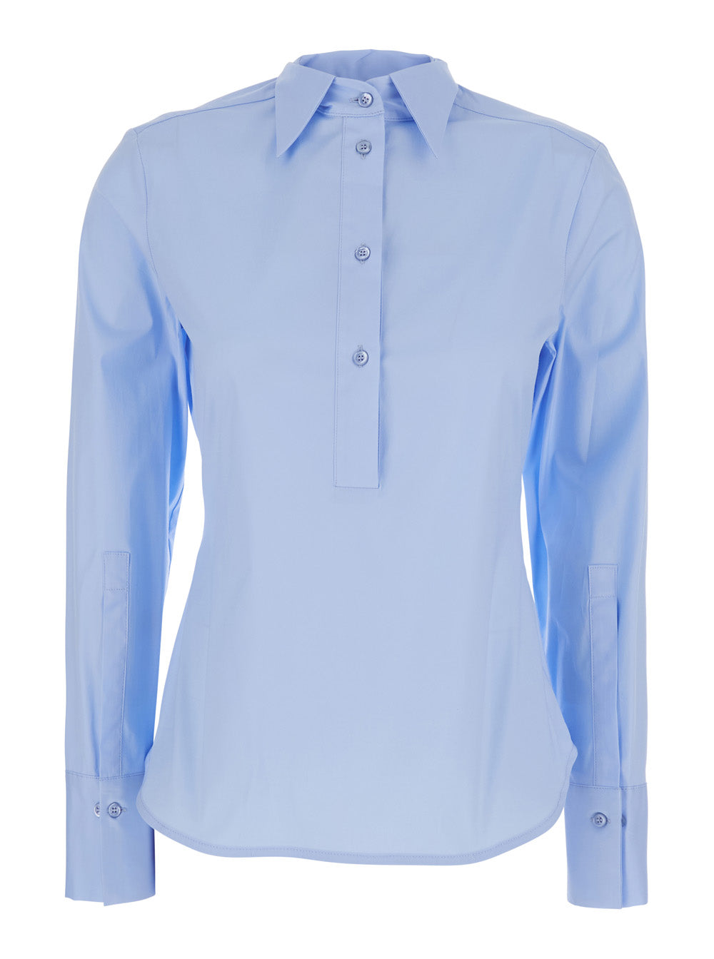 Light Blue Shirt With Classic Collar Cotton Stretch Woman Elastane And Blouses
