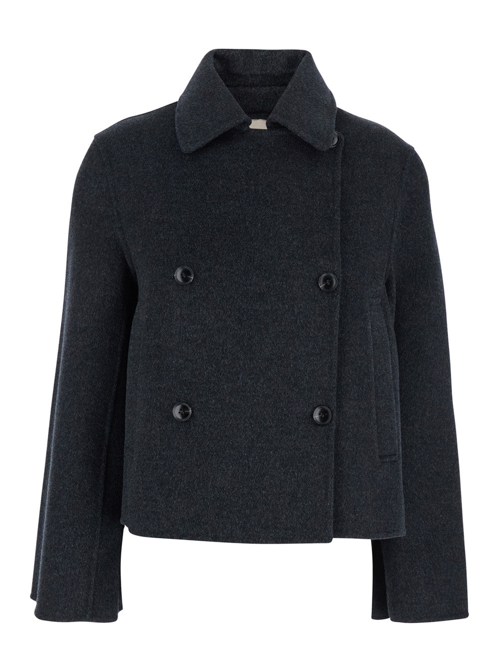 Grey Cropped Double-Breasted Jacket With Bell Sleeves And Notched Collar Wool Woman