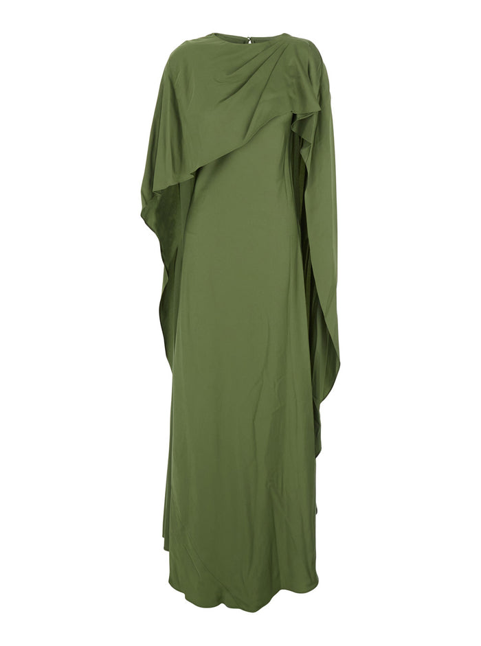 Izel Green Long Dress With Cape Detail And Asymmetric Hem Tech Fabric Woman Acrylic Polyester