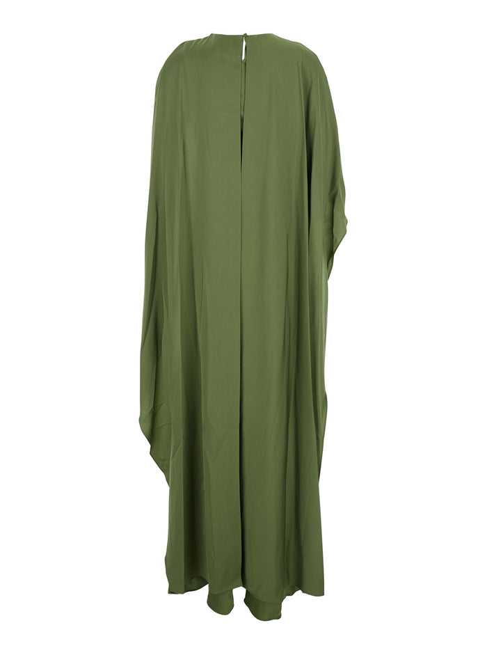 Izel Green Long Dress With Cape Detail And Asymmetric Hem Tech Fabric Woman Acrylic Polyester