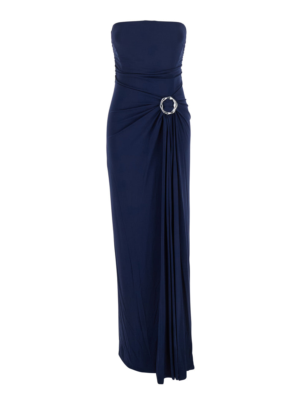 Emma Blue Strapless Long Dress with Ring Embellishment in Tech Fabric Stretch Woman Blu Rayon Elastane