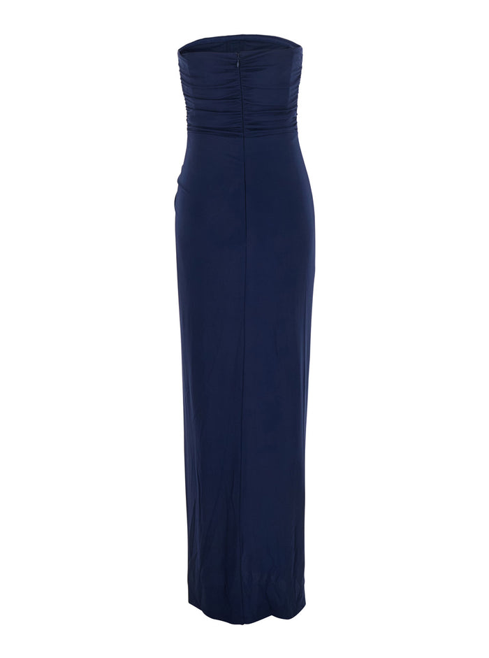 Emma Blue Strapless Long Dress with Ring Embellishment in Tech Fabric Stretch Woman Blu Rayon Elastane