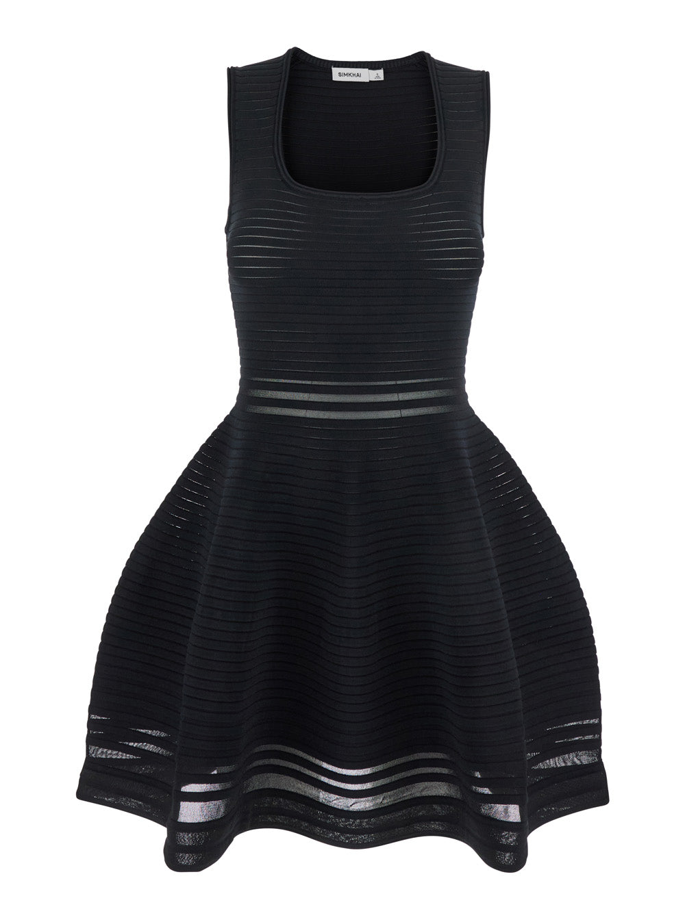 Black Square Neck Dress with Flared Skirt in Fabric Woman Recycled Viscose Polyester