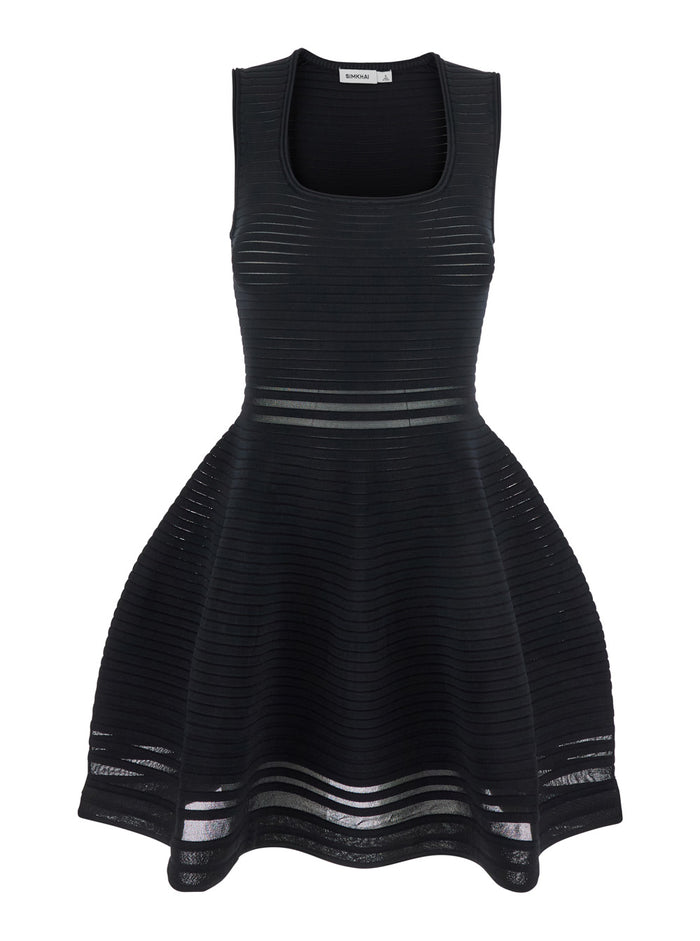 Black Square Neck Dress with Flared Skirt in Fabric Woman Recycled Viscose Polyester