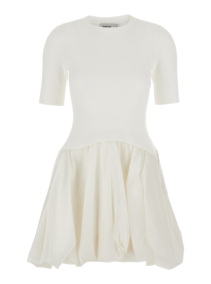Kenny White Crewneck Mini Dress with Puffed Skirt in Viscose Blend Woman Recycled Polyester