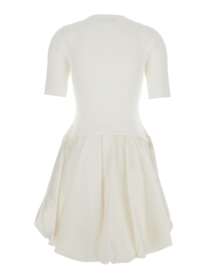 Kenny White Crewneck Mini Dress with Puffed Skirt in Viscose Blend Woman Recycled Polyester