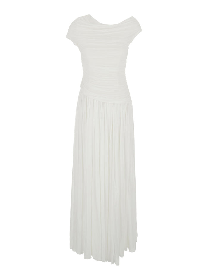Rhiannon White One-Shoulder Midi Dress with Gathered Bodice and Pleated Skirt in Tech Fabric Woman Rayon Nylon Spandex