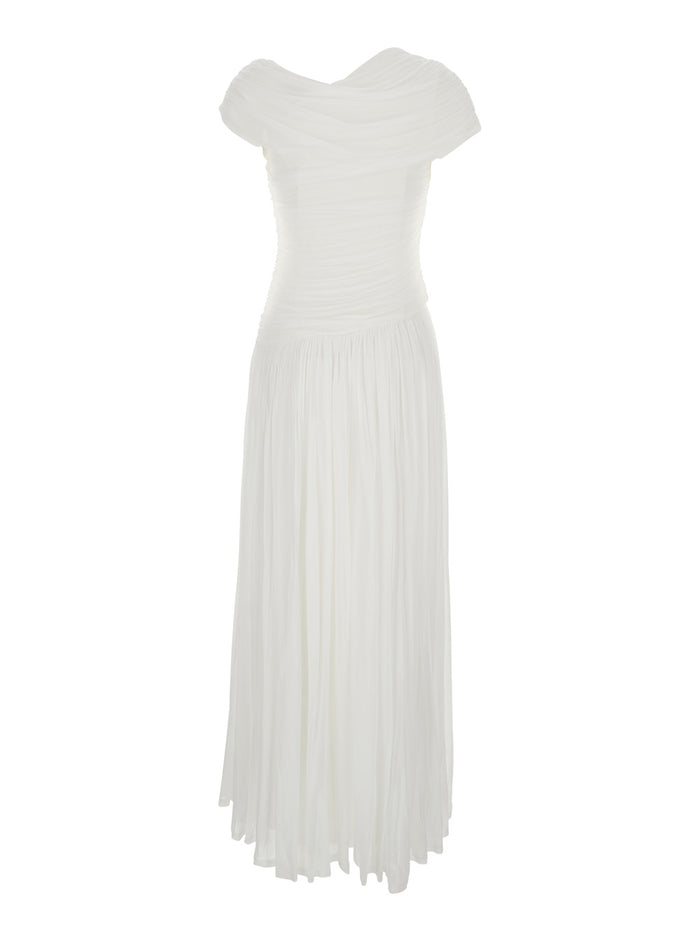 Rhiannon White One-Shoulder Midi Dress with Gathered Bodice and Pleated Skirt in Tech Fabric Woman Rayon Nylon Spandex