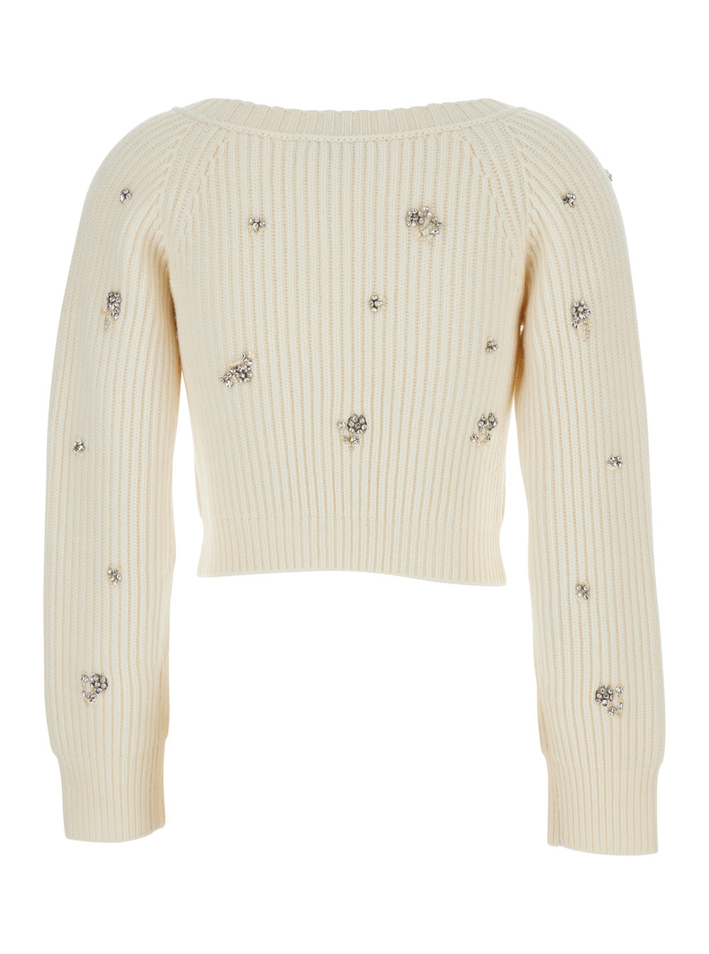 Novah White Cropped Rhinestoned Cardigan with V Neck in Wool and Cashmere Woman Jersey