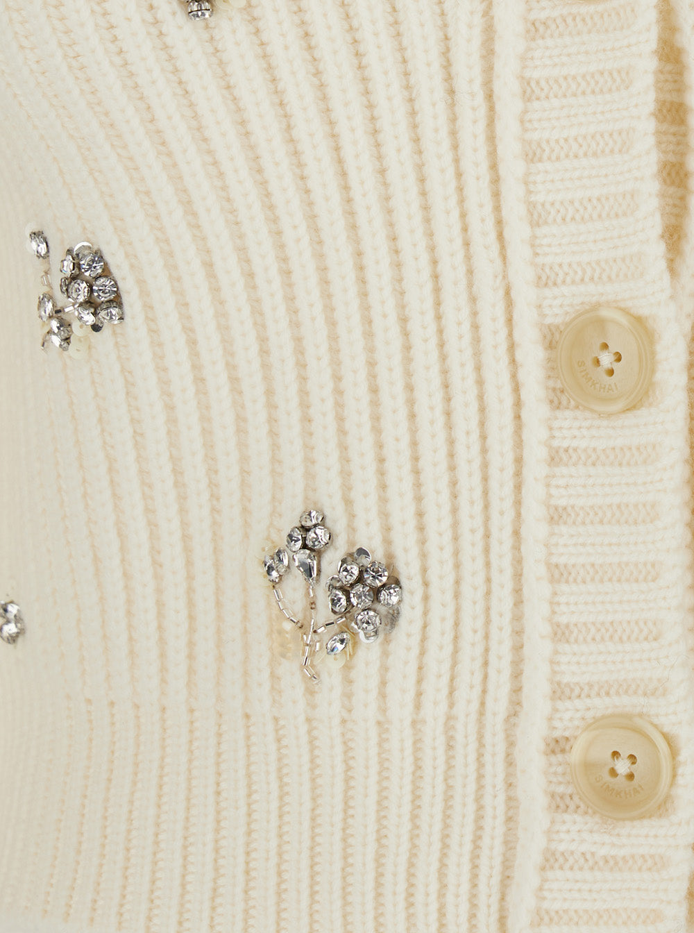 Novah White Cropped Rhinestoned Cardigan with V Neck in Wool and Cashmere Woman Jersey