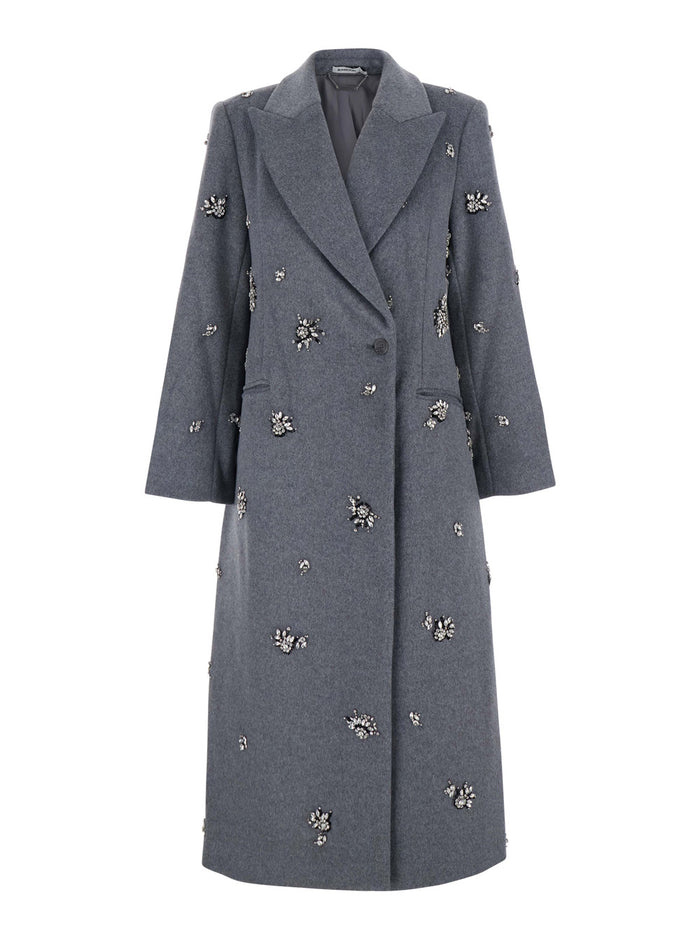 Gianni Grey Coat With Classic Lapels And Rhinestone Details Wool Blend Woman Polyester