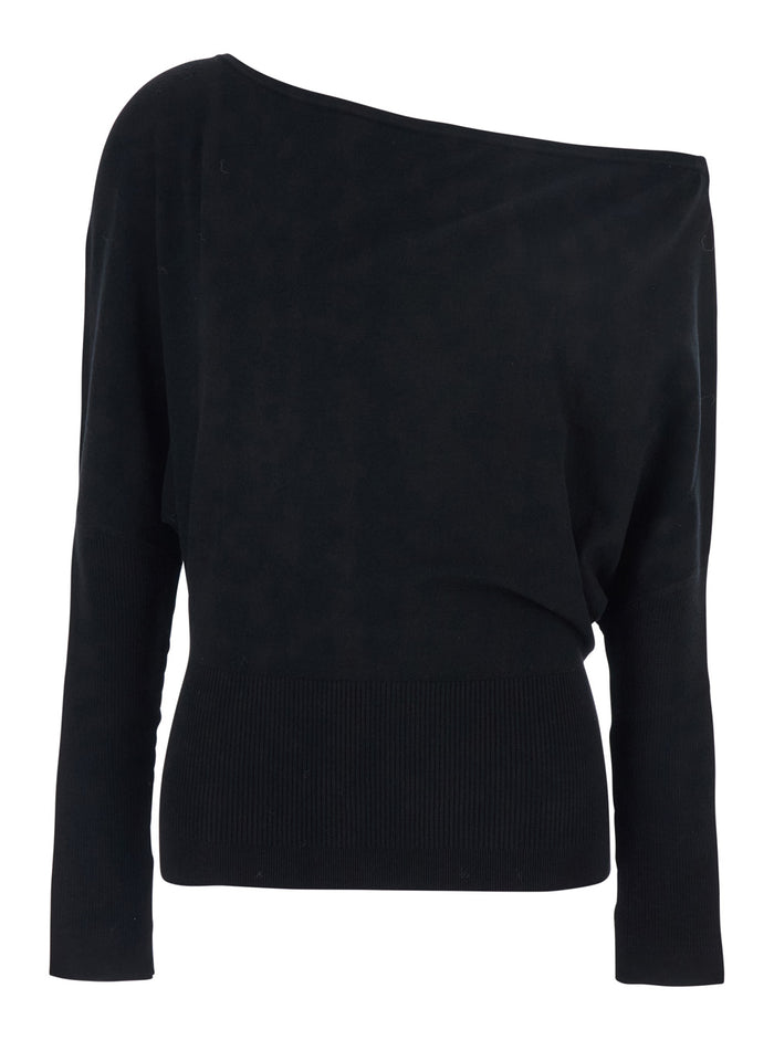 Lavina Black Draped Off-Shoulder Sweater Wool Blend Woman Tencel Polyester Jersey