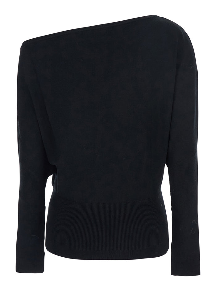 Lavina Black Draped Off-Shoulder Sweater Wool Blend Woman Tencel Polyester Jersey