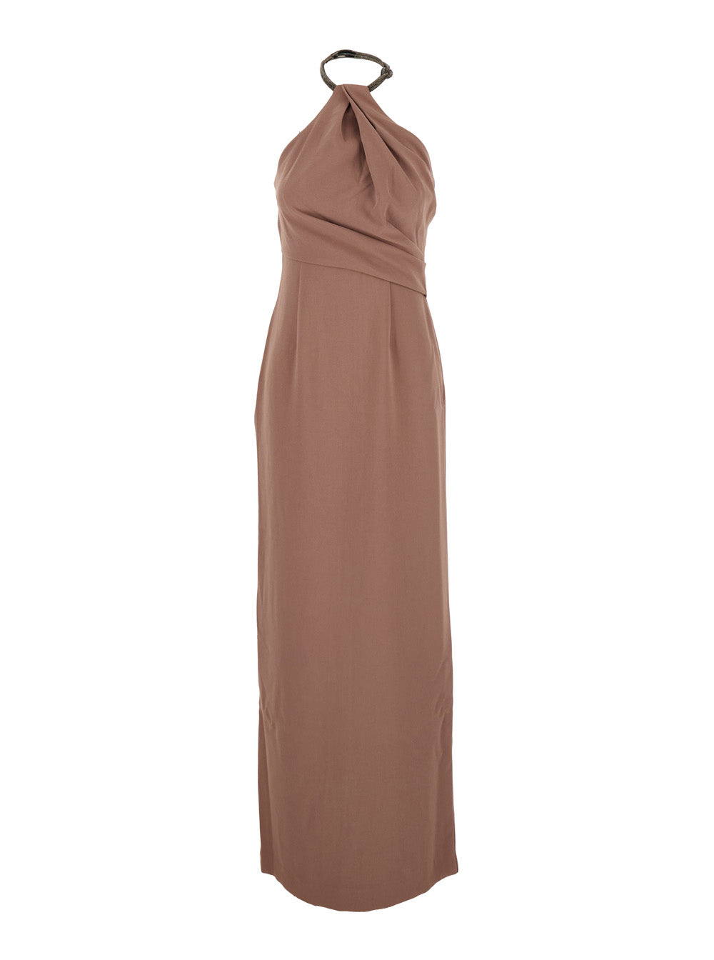 Riva Brown Long Dress With Rhinestone-Embellished Neckline And Drape Details Twill Woman