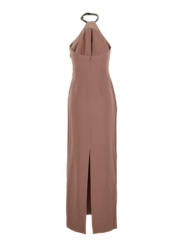 Riva Brown Long Dress With Rhinestone-Embellished Neckline And Drape Details Twill Woman