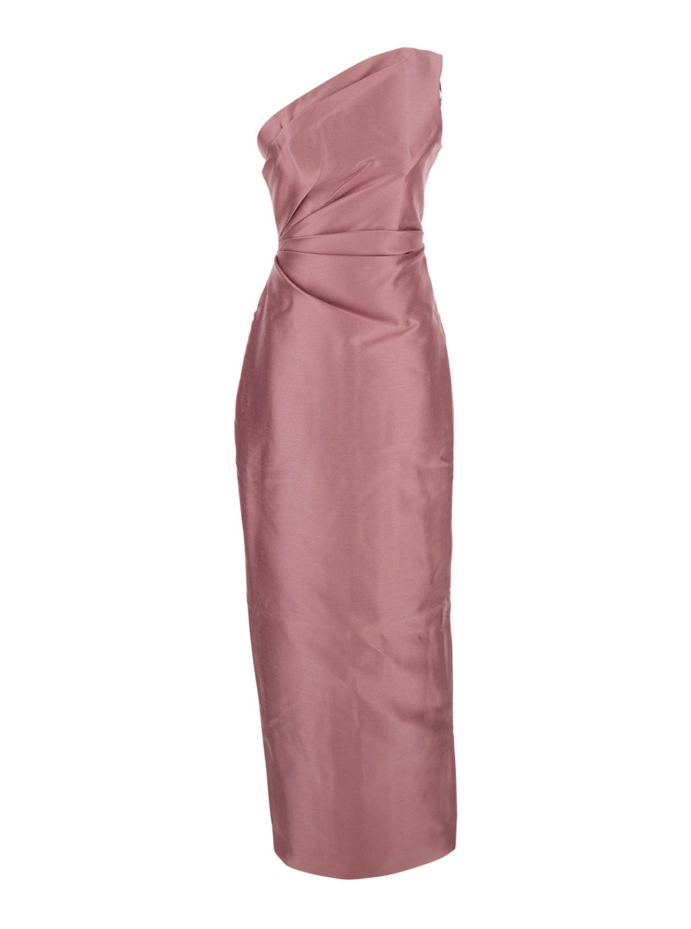 Kira Pink One-Shoulder Long Dress With Draped Details Twill Woman Polyester