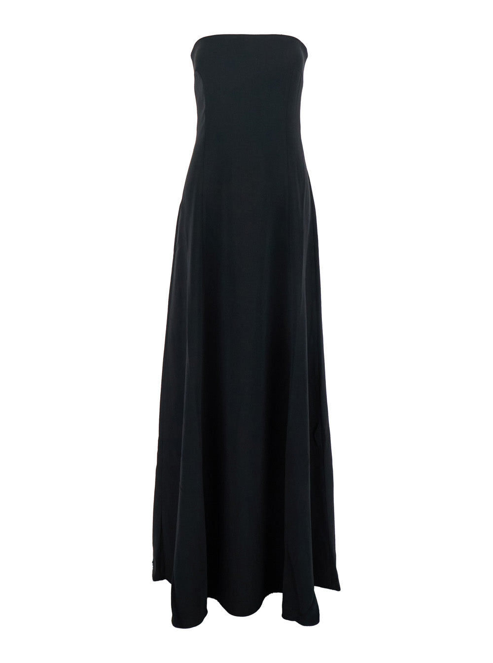 Helena Black Long Dress with Bare Shoulder and Flared Hem in Twill Woman Polyester
