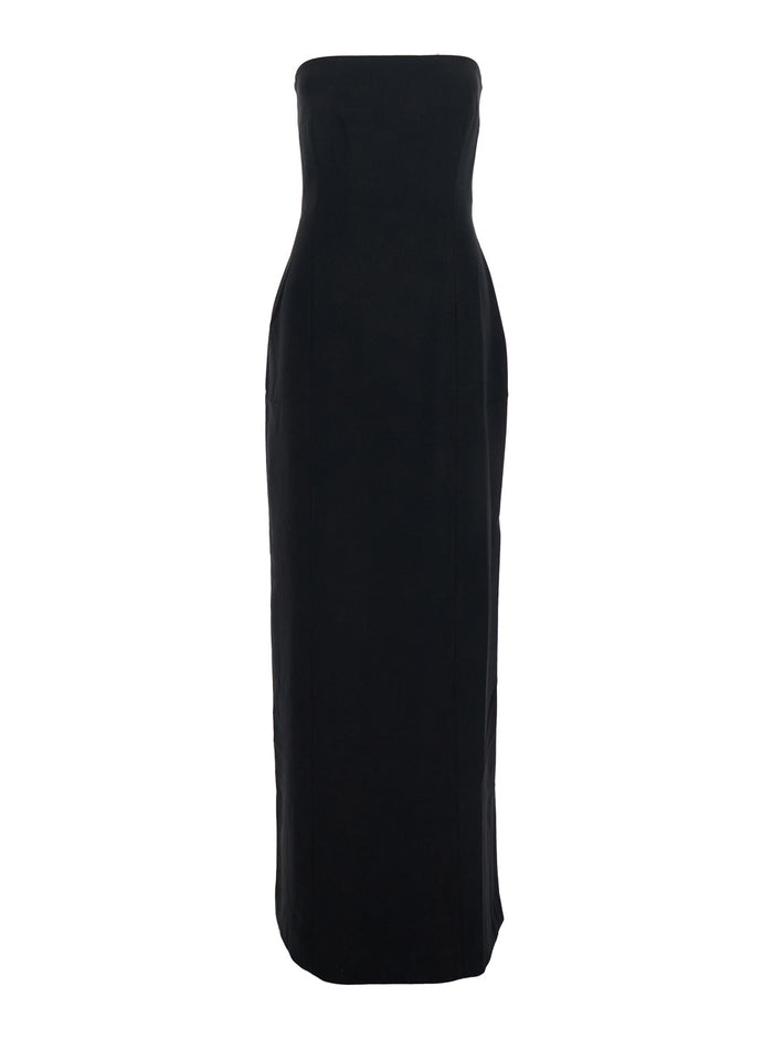 Anderson Black Long Dress with Bare Shoulder and Back Slit in Twill Woman Polyester