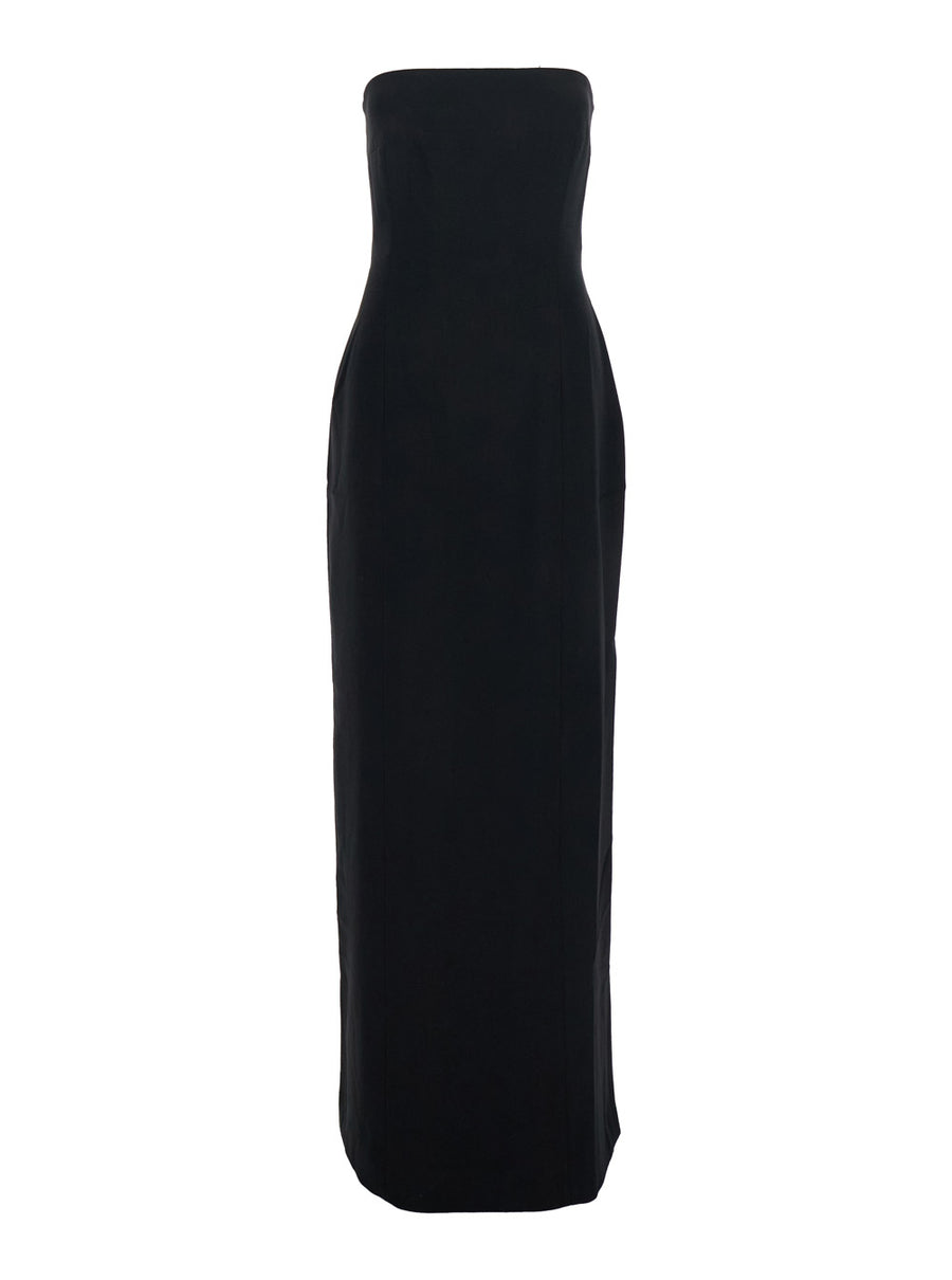 Black Long Dress With Bare Shoulder And Back Slit Polyester