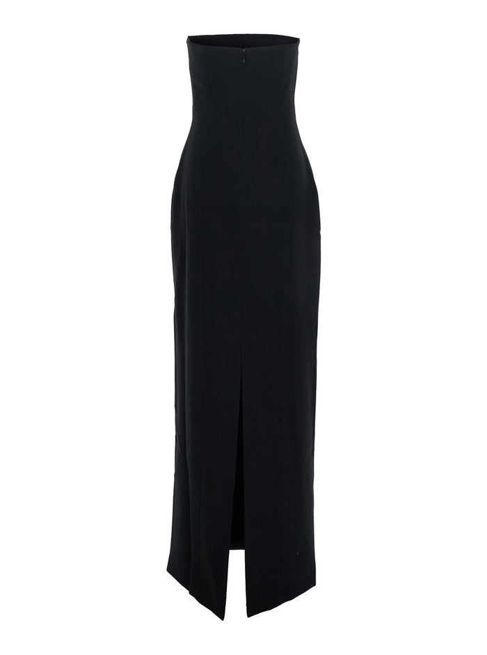 Anderson Black Long Dress with Bare Shoulder and Back Slit in Twill Woman Polyester