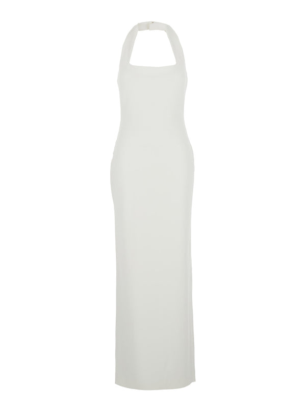 White Long Dress With Square Neckline Polyester