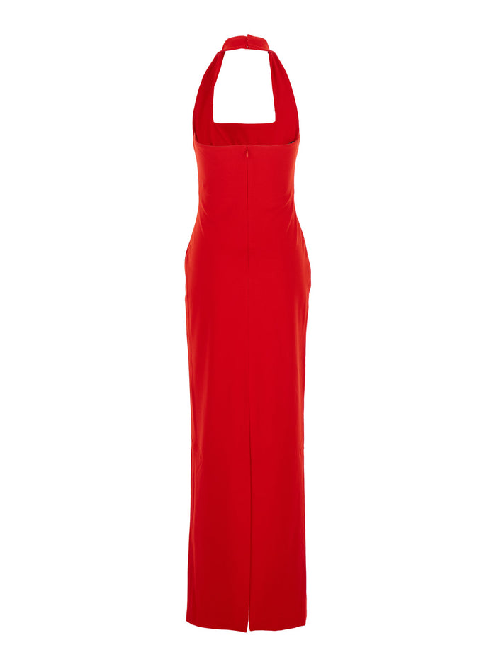 Ilona Red Long Dress with Square Neckline in Twill Woman Polyester